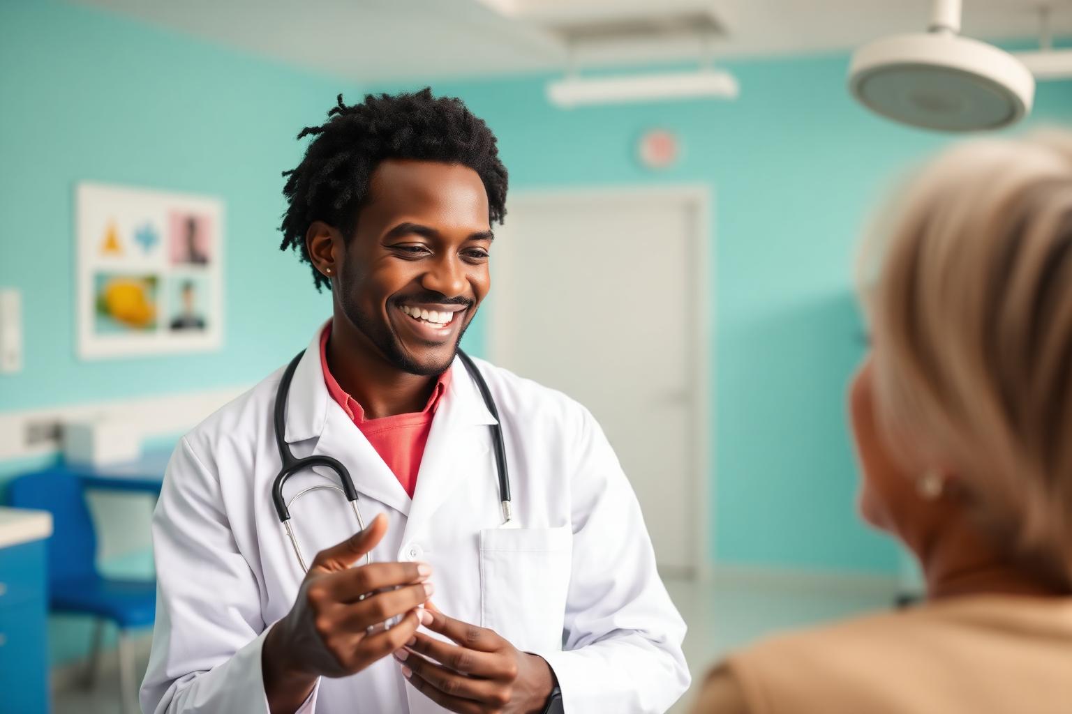 Médecin souriant accompagnant une patiente dans une clinique moderne à Abidjan